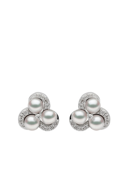 Sleek Cluster Earrings, 18k White Gold with Akoya Pearls & Diamonds